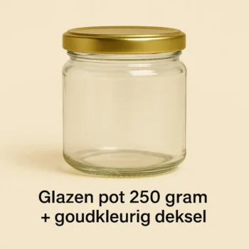 Glazen honingpot 250 gram met goudkleurig deksel (per stuk)